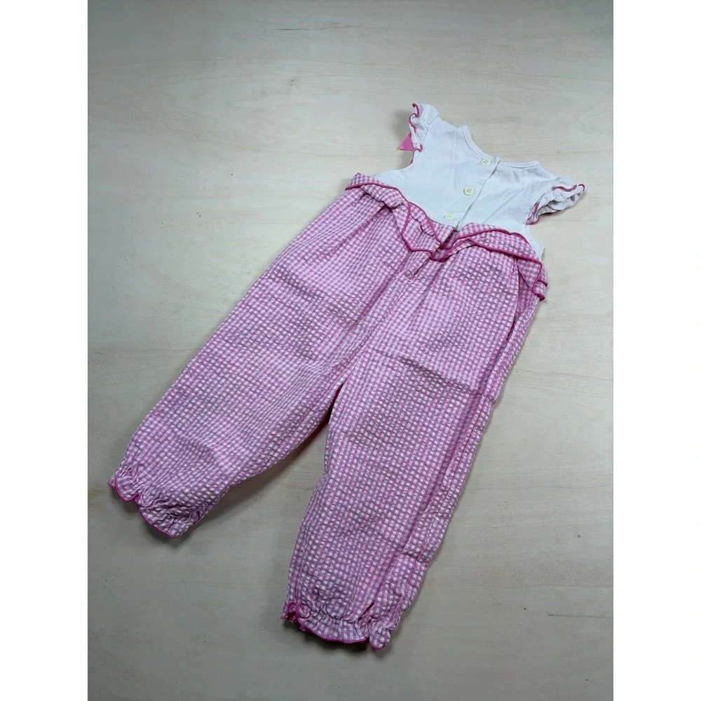 Vintage Good Lad Baby Girl Pink Gingham Floral Embroidered Jumpsuit Bows12 Month